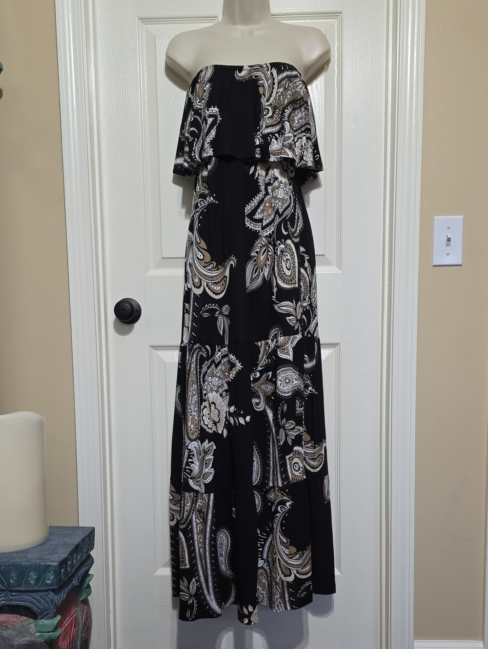 Strapless Black Paisley Ruffle Maxi Dress